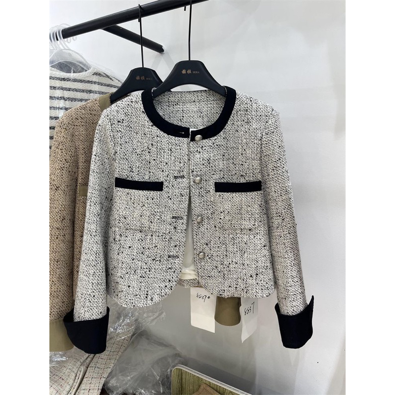 Áo dạ Tweed cổ tròn khuy bạc phong cách tiểu thư hàng quảng châu cao cấp