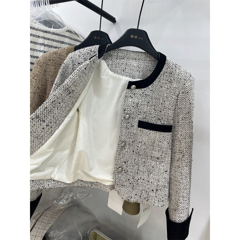 Áo dạ Tweed cổ tròn khuy bạc phong cách tiểu thư hàng quảng châu cao cấp
