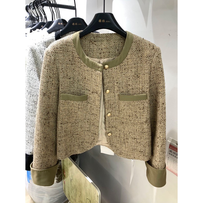 Áo dạ Tweed cổ tròn khuy bạc phong cách tiểu thư hàng quảng châu cao cấp
