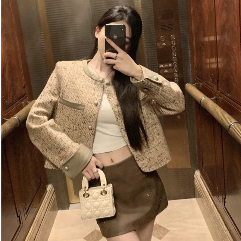 Áo dạ Tweed cổ tròn khuy bạc phong cách tiểu thư hàng quảng châu cao cấp