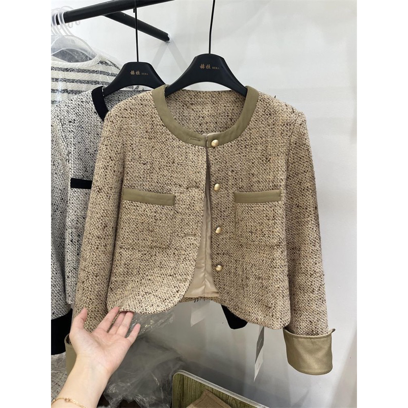 Áo dạ Tweed cổ tròn khuy bạc phong cách tiểu thư hàng quảng châu cao cấp