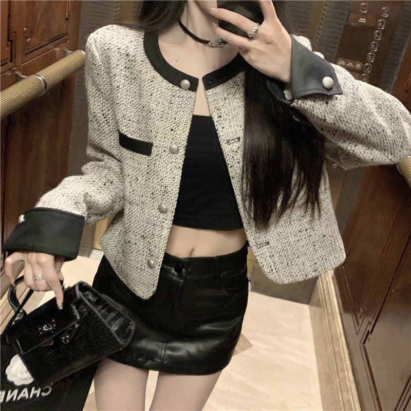 Áo dạ Tweed cổ tròn khuy bạc phong cách tiểu thư hàng quảng châu cao cấp