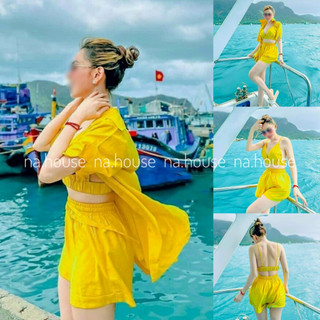 Set đi biển nữ 3 món Nahouse set đồ nữ ngắn áo bra kèm quần đùi và khoác hồng xanh vàng thiết kế đẹp xinh xịn sang trọng