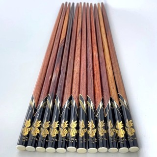 Bộ 10 Đôi Đũa ăn gỗ Cẩm lai tự nhiên cao cấp đầu gắn ốc biển Đen hoạ tiết Cá