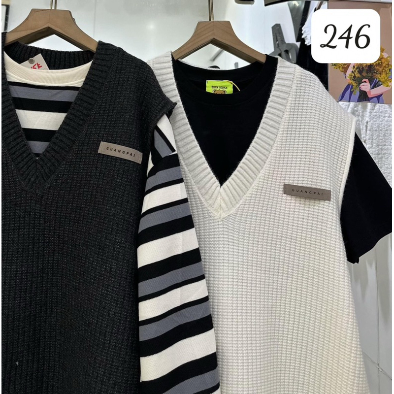 Áo gile cố V vạt xoăn logo chữ GUANGPAI - form to