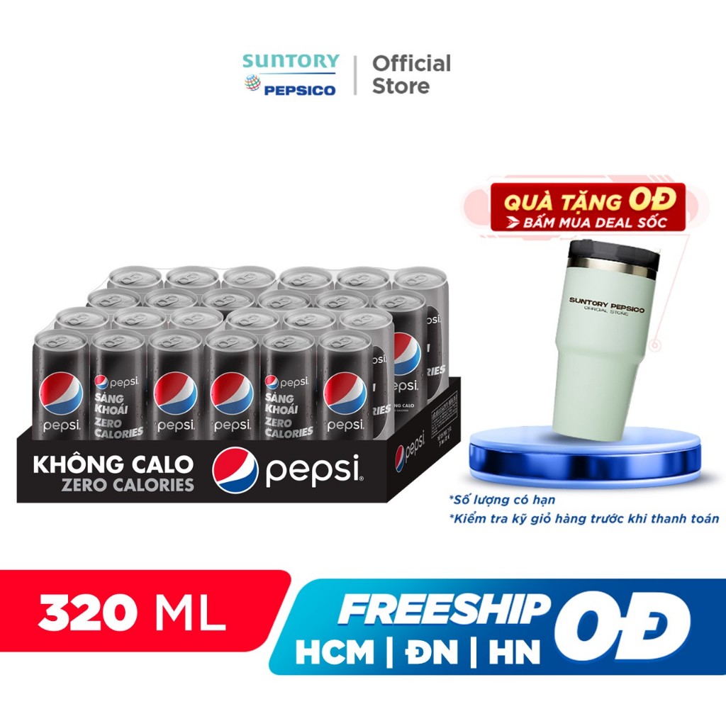 [DEAL SỐC KÈM LY]Thùng 24 Lon Nước Uống Có Gaz Pepsi Không Calo (320ml/lon)