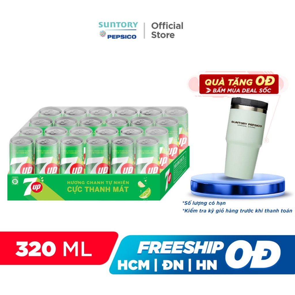 [DEAL SÔC 300K KÈM LY]Thùng 24 Lon Nước Ngọt Có Gaz 7Up Lon Xanh (320ml/lon)