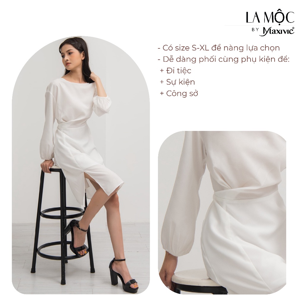 Đầm váy trắng chiết eo vải lụa Hàn cao cấp dáng dài thanh lịch, đi tiệc, công sở La Mộc by Maxivic - LM92114