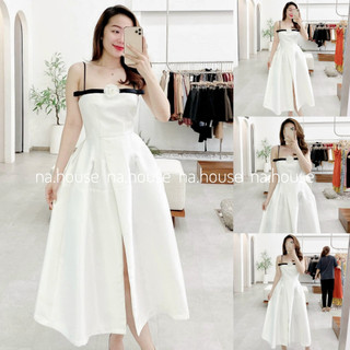 Đầm trắng 2 dây dự tiệc sang trọng Nahouse váy xòe tafta xẻ tà, đầm đi đám đi sinh nhật thiết kế đẹp và xinh xắn
