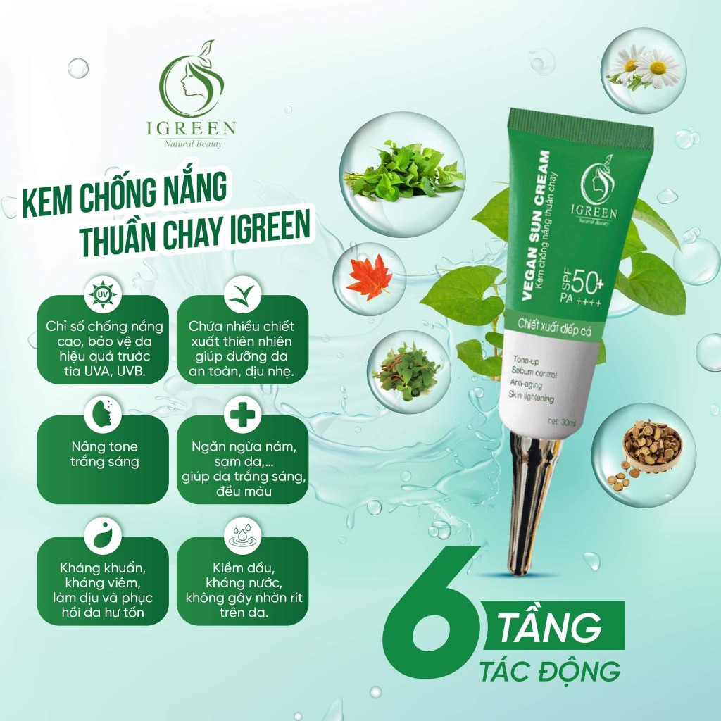 Kem chống nắng thuần chay igreen SPF50+/PA++++ được chiết xuất từ diếp cá và thành phần thiên