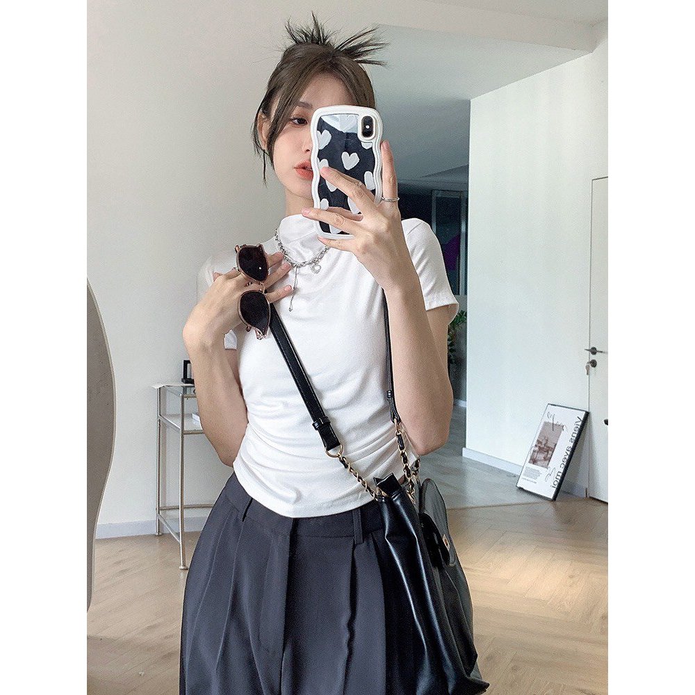 LYRA Áo thun cotton lạnh co dãn cổ 3 phân ngắn tay phong cách trẻ trung, Hàn Quốc - VSYAP0445