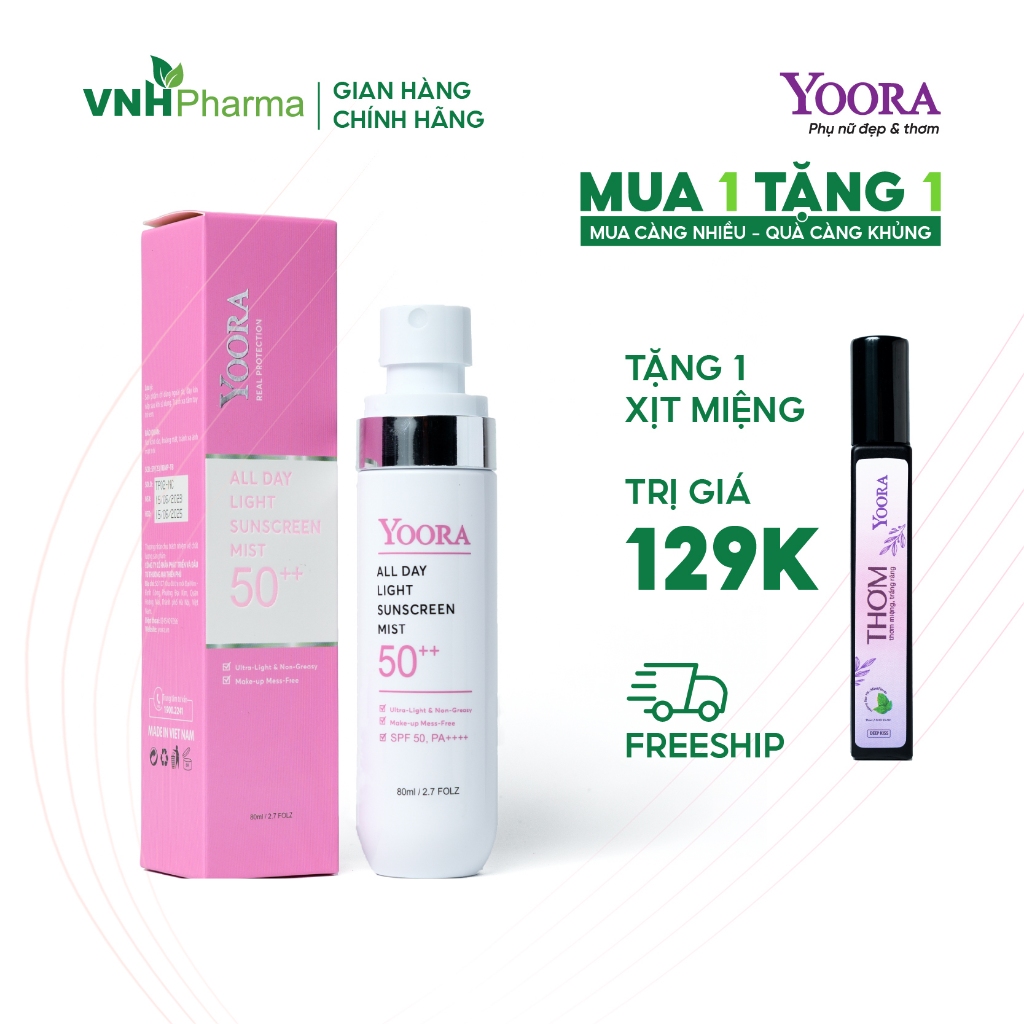 Xịt chống nắng nữ Yoora – SPF50 PA++++ chống tia cực tím cho mặt và cơ thể 80ml