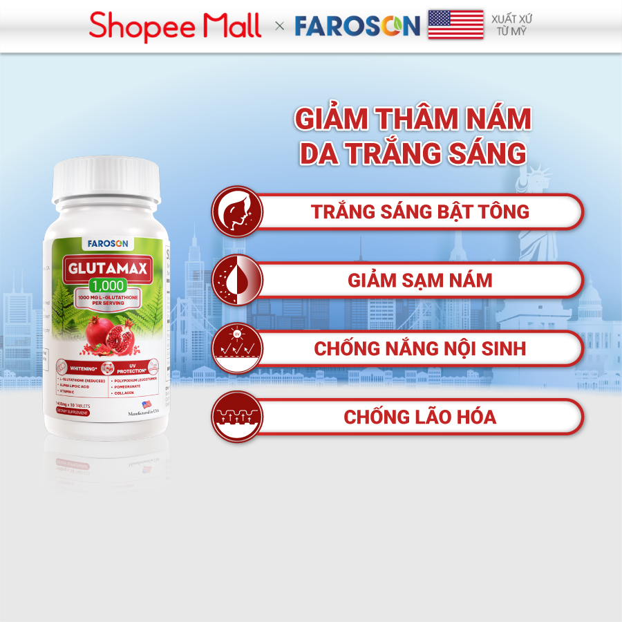 Viên uống trắng da Glutathione giảm nám chống nắng Faroson Glutamax hộp 30 viên