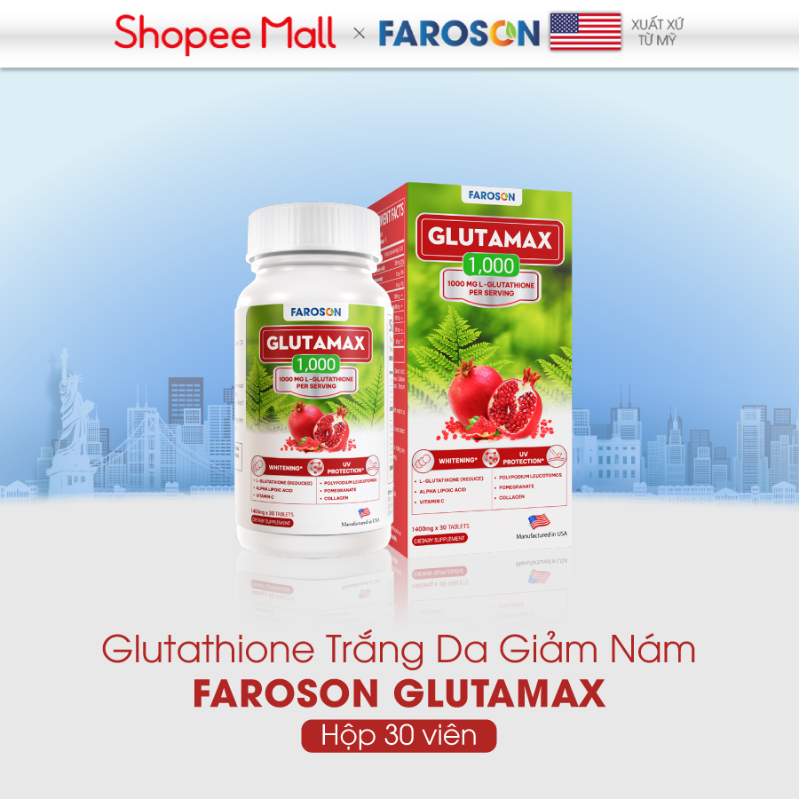 Viên uống trắng da Glutathione giảm nám chống nắng Faroson Glutamax hộp 30 viên