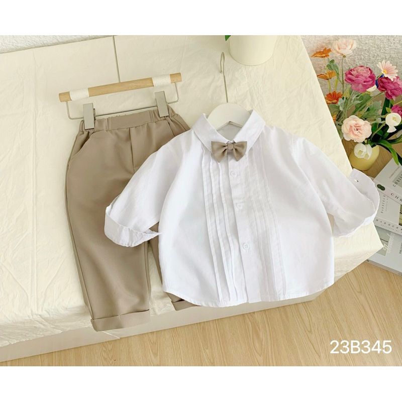 Bộ Sơ mi dài Nơ Nâu quần Nâu cho bé mã 6075