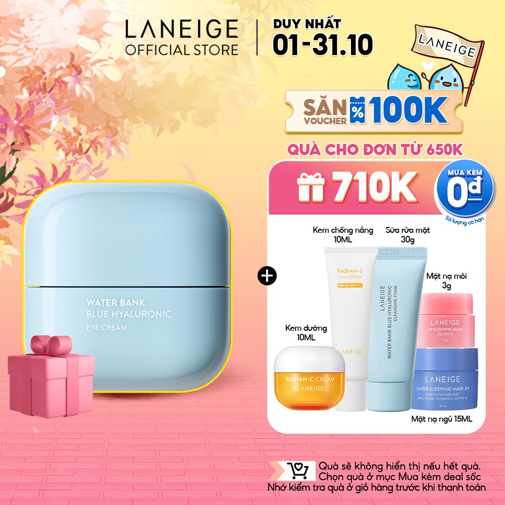 [NHẬP COSLAN623 -100K] LANEIGE Kem Mắt Dưỡng Ẩm Water bank Blue HA Eye Cream 25mL Giảm Thâm & Nếp Nhăn