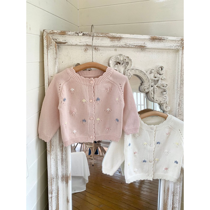 Áo khoác cadigan len thêu hoa xinh xắn thời trang thu đông cho bé