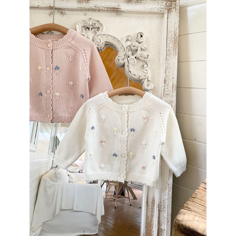 Áo khoác cadigan len thêu hoa xinh xắn thời trang thu đông cho bé
