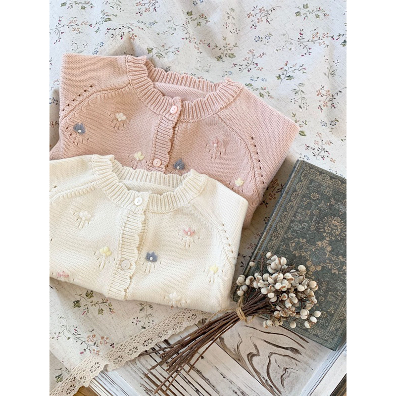 Áo khoác cadigan len thêu hoa xinh xắn thời trang thu đông cho bé