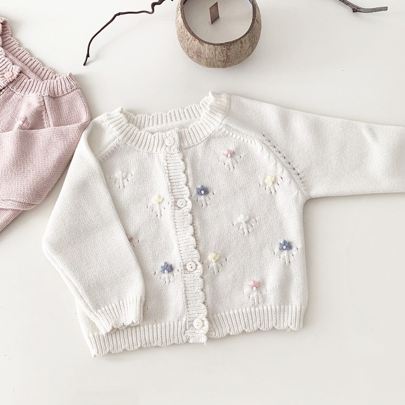 Áo khoác cadigan len thêu hoa xinh xắn thời trang thu đông cho bé