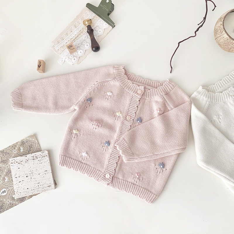 Áo khoác cadigan len thêu hoa xinh xắn thời trang thu đông cho bé