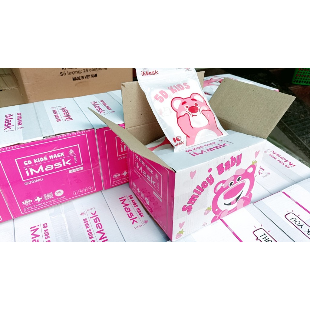 Thùng 100 chiếc khẩu trang Gấu Dâu LOTSO 5D trẻ em imask kids