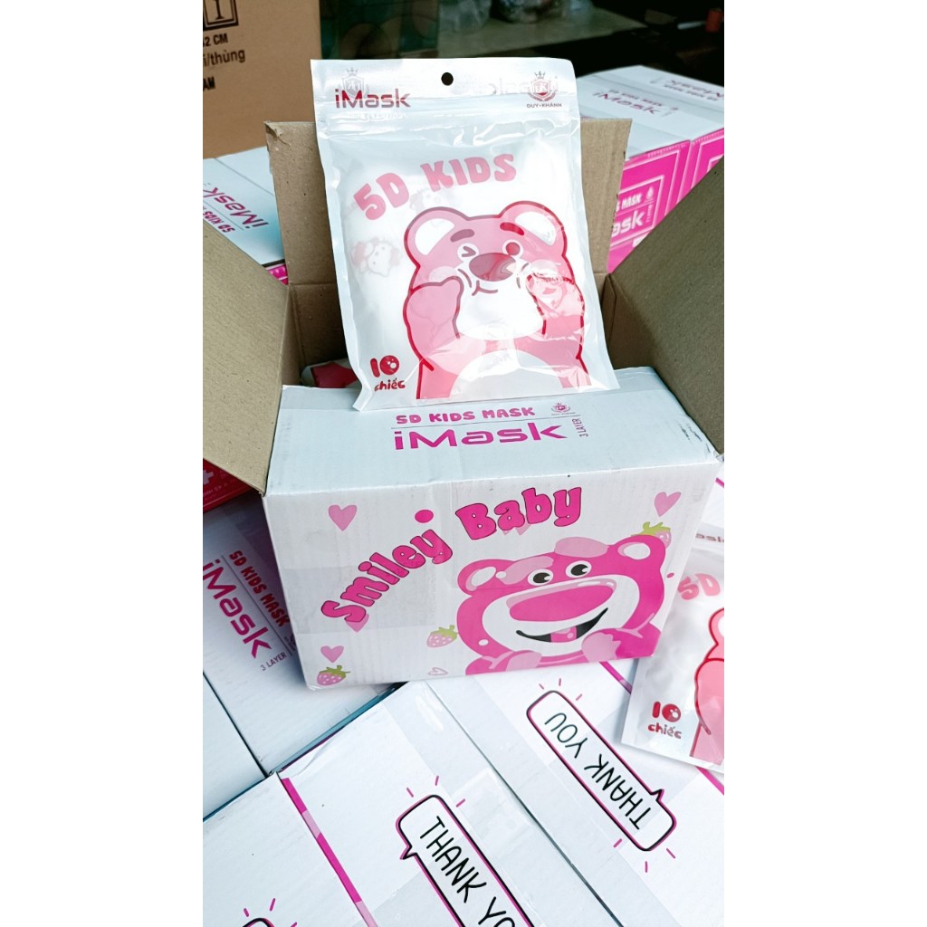 Thùng 100 chiếc khẩu trang Gấu Dâu LOTSO 5D trẻ em imask kids