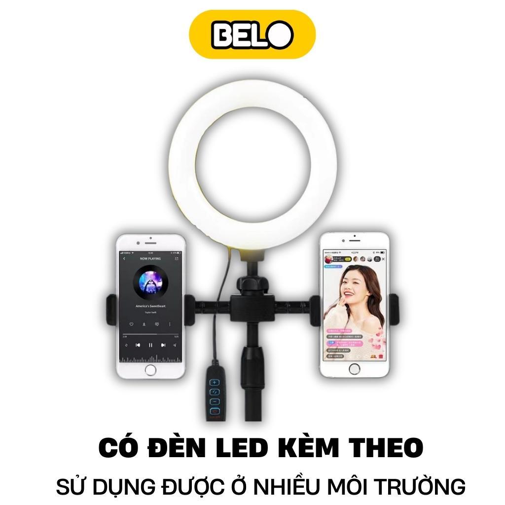 Giá đỡ 2 điện thoại để bàn tích hợp đèn livestream 3 in 1 , có 3 chế độ sáng, Led 3 màu, sạc USB điều chỉnh độ cao BELO