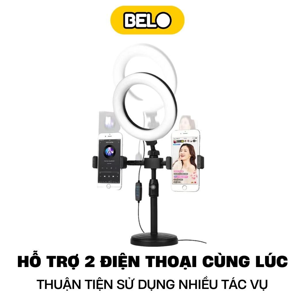 Giá đỡ 2 điện thoại để bàn tích hợp đèn livestream 3 in 1 , có 3 chế độ sáng, Led 3 màu, sạc USB điều chỉnh độ cao BELO