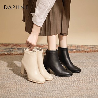 Boot nữ cổ lửng gót vuông da lì khóa kéo sau tiện lợi bên trong có lót lông Fullbox