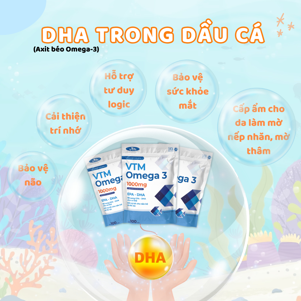 Viên uống dầu cá VTM Omega 3 hỗ trợ não bộ và thị lực - gói 100 viên