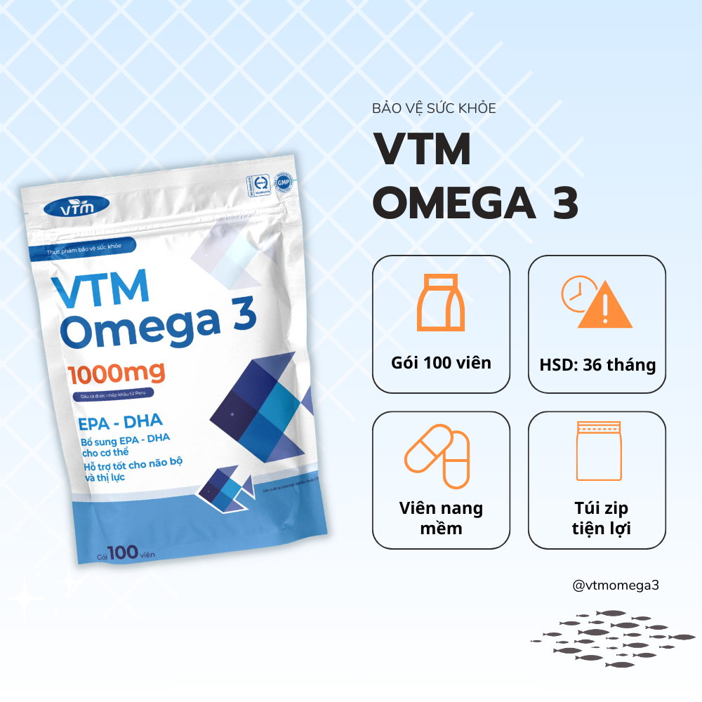 Viên uống dầu cá VTM Omega 3 hỗ trợ não bộ và thị lực - gói 100 viên
