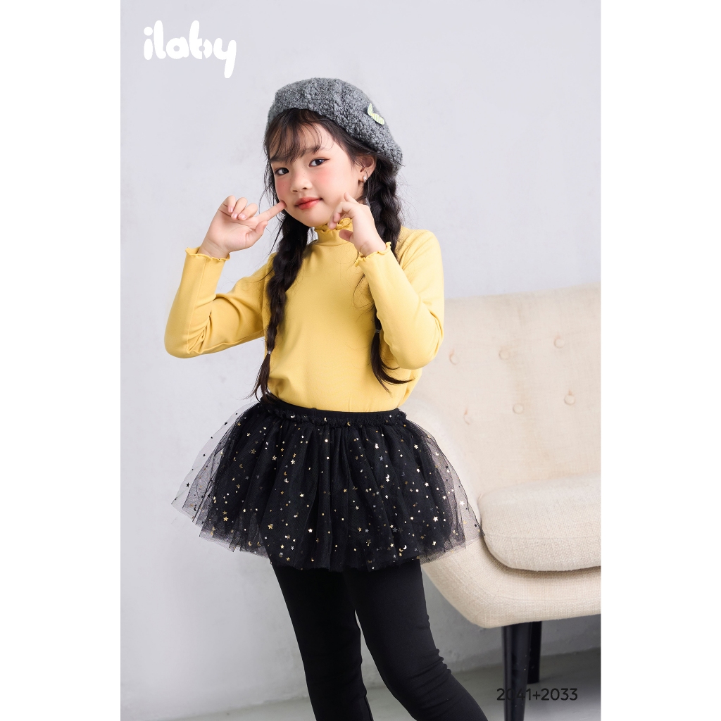 Áo giữ nhiệt cho bé gái ILABY cổ hai tầng bèo chất cotton co dãn 4 chiều 5 màu cho bé 10-35kg