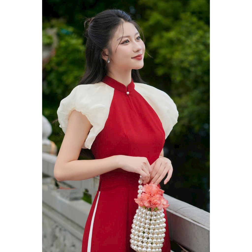 Áo dài cách tân Tú Uyên KÈM QUẦN màu đỏ phối tay trắng, chất liệu lụa, thiết kế tay phồng tiểu thư nữ tính AD0036