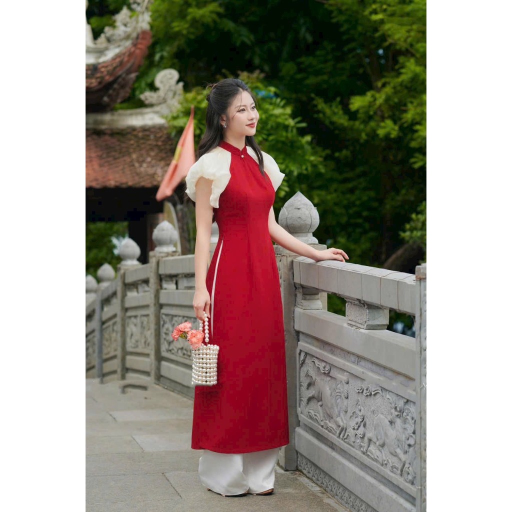 Áo dài cách tân Tú Uyên KÈM QUẦN màu đỏ phối tay trắng, chất liệu lụa, thiết kế tay phồng tiểu thư nữ tính AD0036