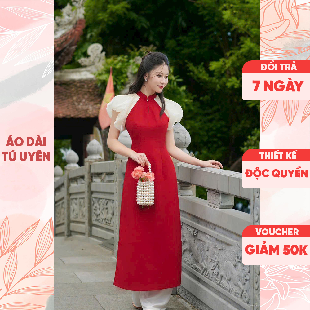Áo dài cách tân Tú Uyên KÈM QUẦN màu đỏ phối tay trắng, chất liệu lụa, thiết kế tay phồng tiểu thư nữ tính AD0036