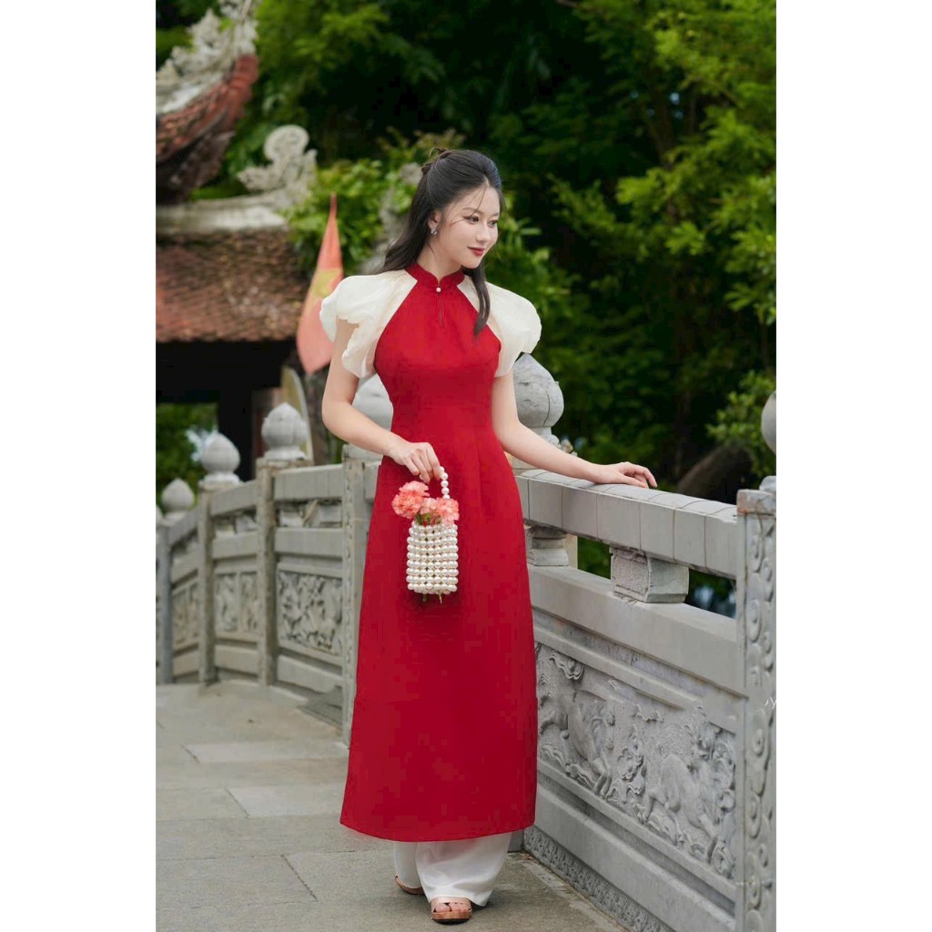 Áo dài cách tân Tú Uyên KÈM QUẦN màu đỏ phối tay trắng, chất liệu lụa, thiết kế tay phồng tiểu thư nữ tính AD0036