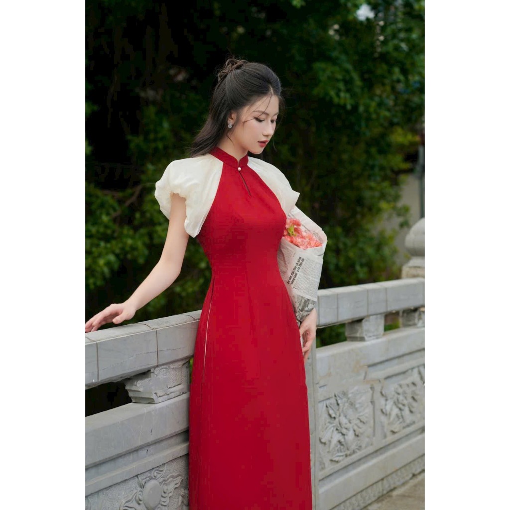 Áo dài cách tân Tú Uyên KÈM QUẦN màu đỏ phối tay trắng, chất liệu lụa, thiết kế tay phồng tiểu thư nữ tính AD0036