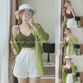 Set đồ nữ đi chơi 3 món Nahouse set đi biển dạo phố áo bra xanh kèm quần đùi và khoác thiết kế đẹp xinh xịn sang trọng