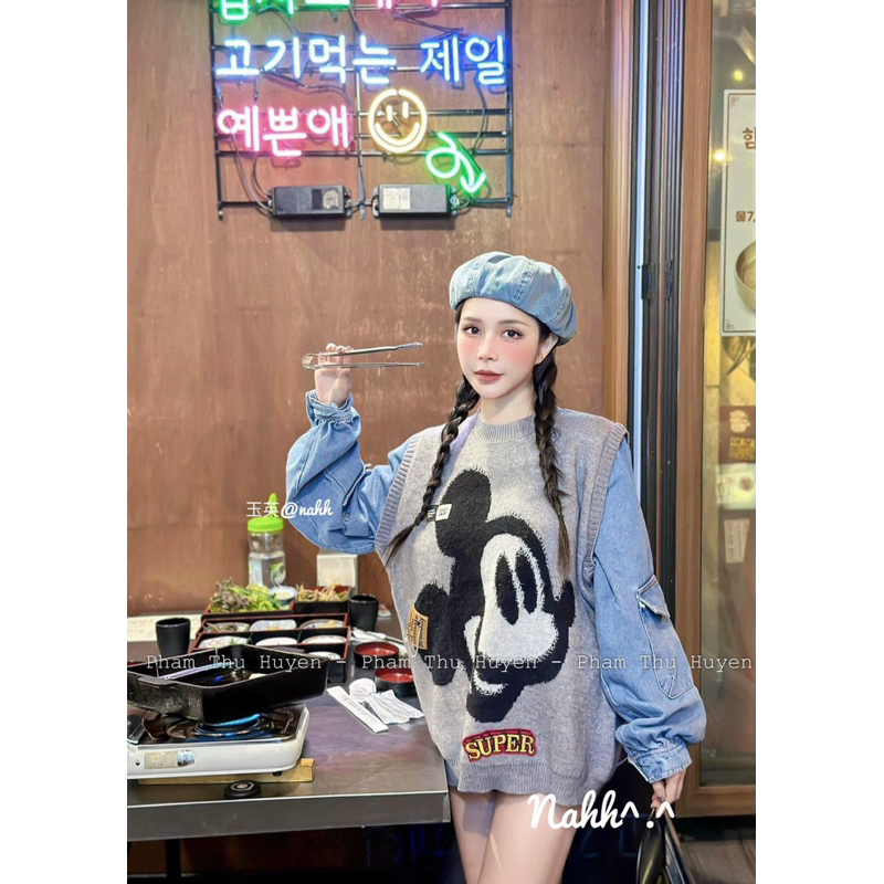 Áo len Pha tay Jeans Demin Stress-wear hình Mickey mouse  Áo len Mickey mouse Nữ fom to dáng rộng