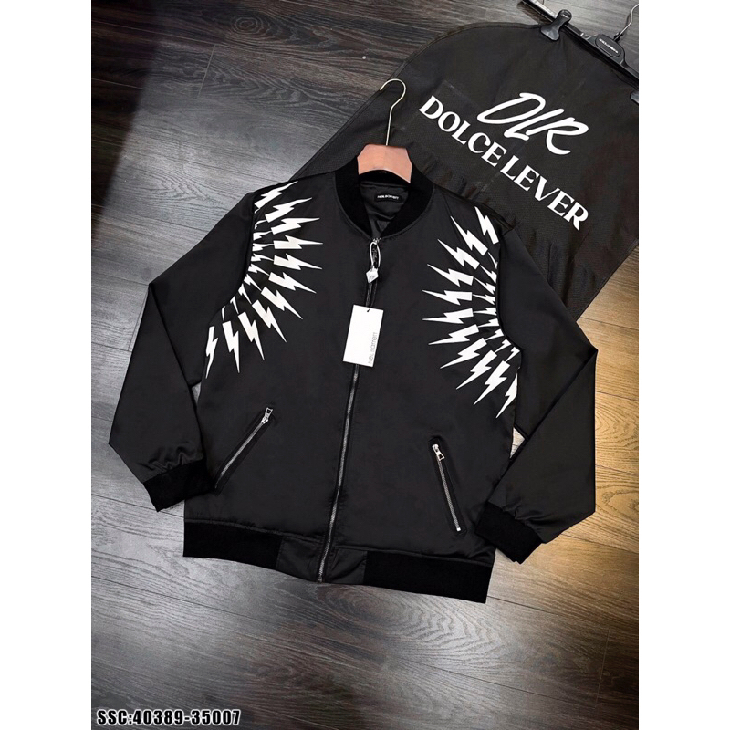 Áo khoác bomber zip nam nữ Neil Barrett vải gió in hoạ tiết hình tia sét trắng đẳng cấp thời trang hottrend