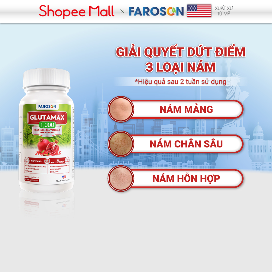 Combo 3 hộp viên uống trắng da Glutathione giảm nám chống nắng Faroson Glutamax 3 x 30 viên