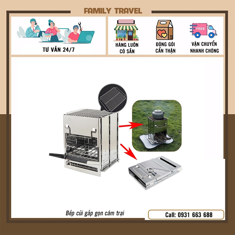Bếp củi nấu nướng bằng thép không gỉ inox 304 gấp gọn camping ngoài trời du lịch, dã ngoại- Family Travel