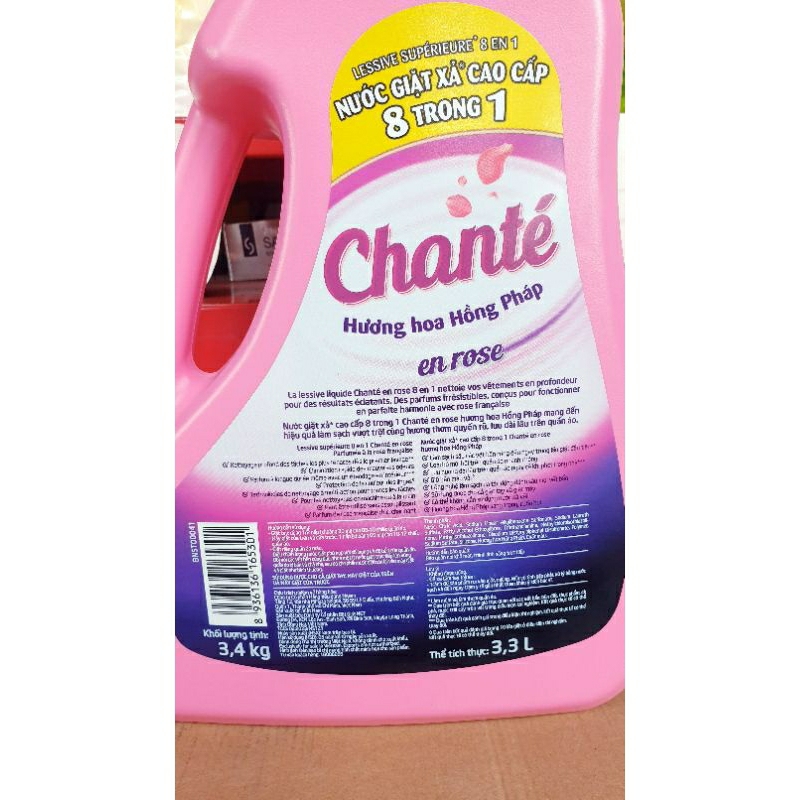 Nước Giặt Xả Chanté Cao Cấp 8 Trong 1 Hương Hoa Hồng Pháp Chai 3.4kg