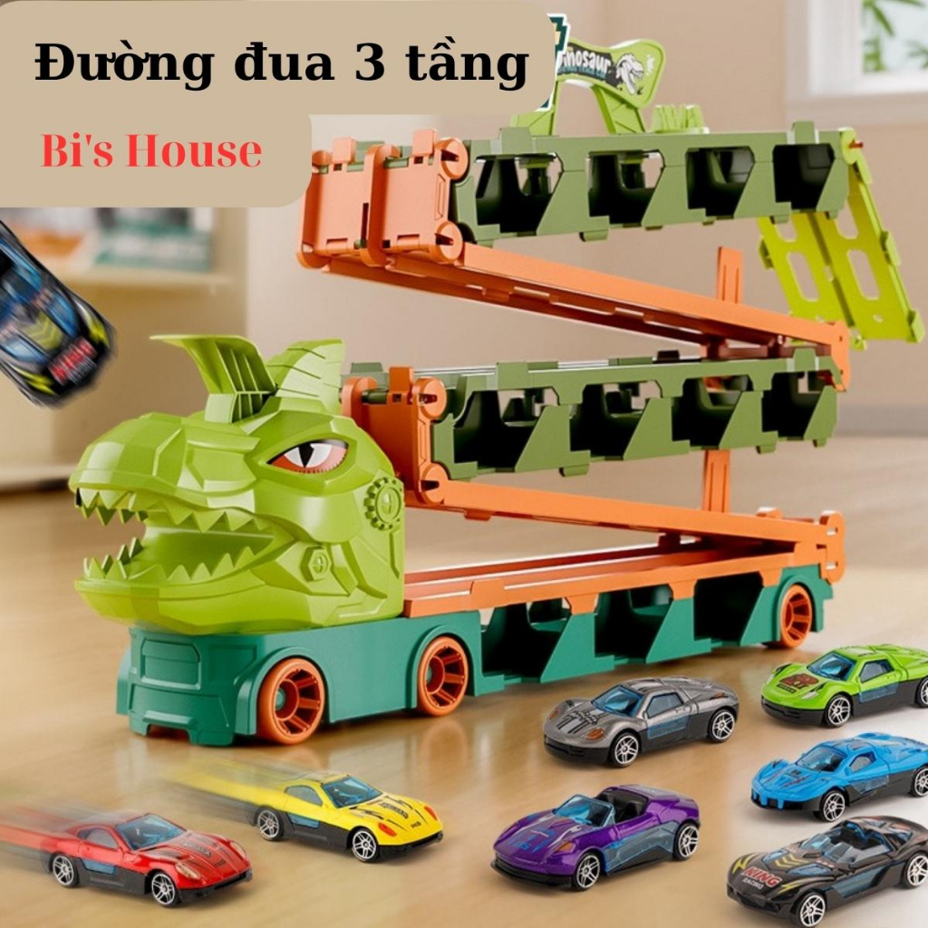 Đồ Chơi Ô Tô 3 Tầng Xe Tải Chở Hàng Dài 2 Biến Hình Thành Đường Đua Khủng Long Kèm 8 Xe Đồ Chơi Đua Xe