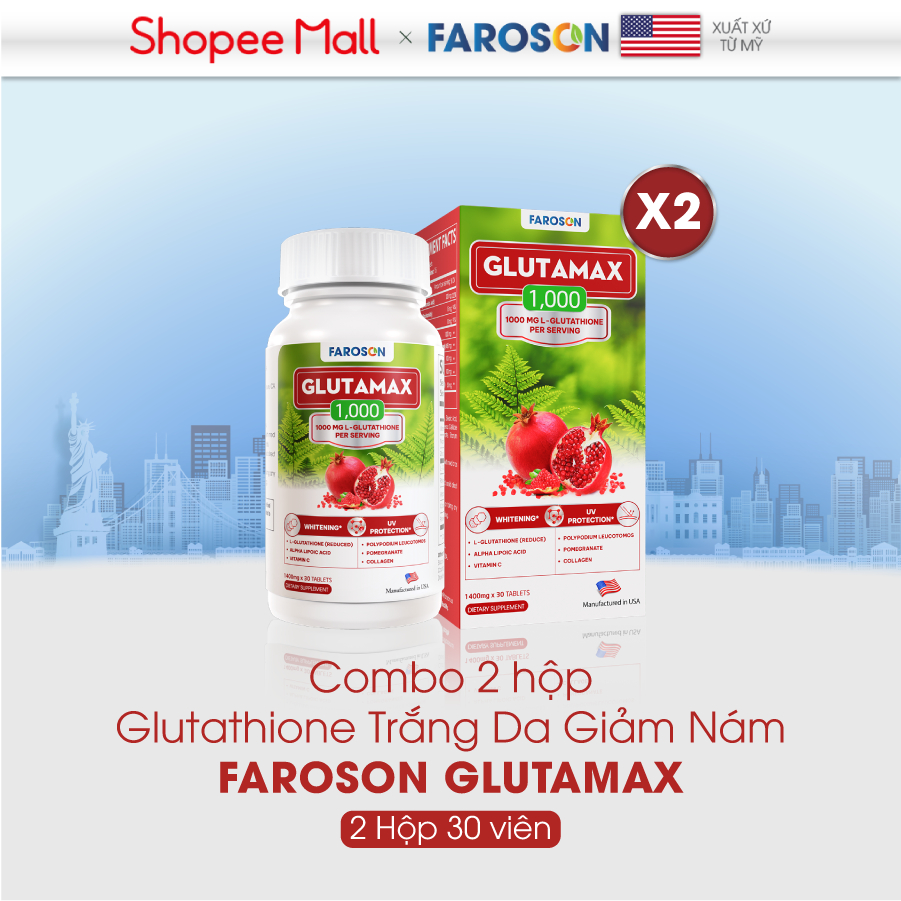 Combo 2 hộp viên uống trắng da Glutathione giảm nám chống nắng Faroson Glutamax 2 x 30 viên