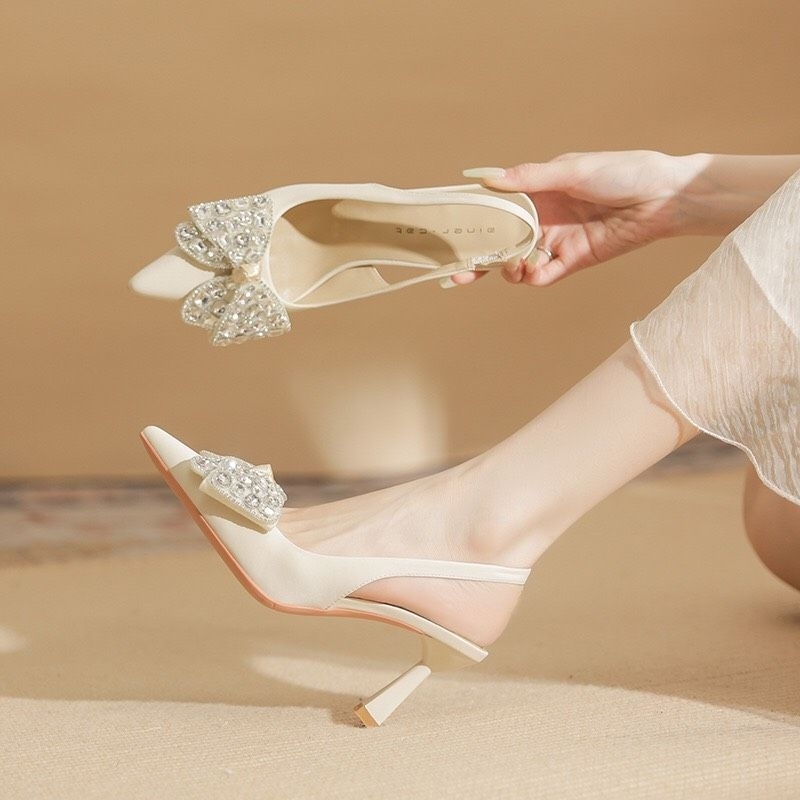 GIÀY CƯỚI GIÀY DỰ TIỆC QUAI HẬU ĐÍNH NƠ ĐÁ NHÀ KANSKAI ĐẾ CAO 7CM ms 7513-6