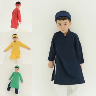 Set áo dài BÉ TRAI basic đũi trơn quần trắng_kèm khăn đóng