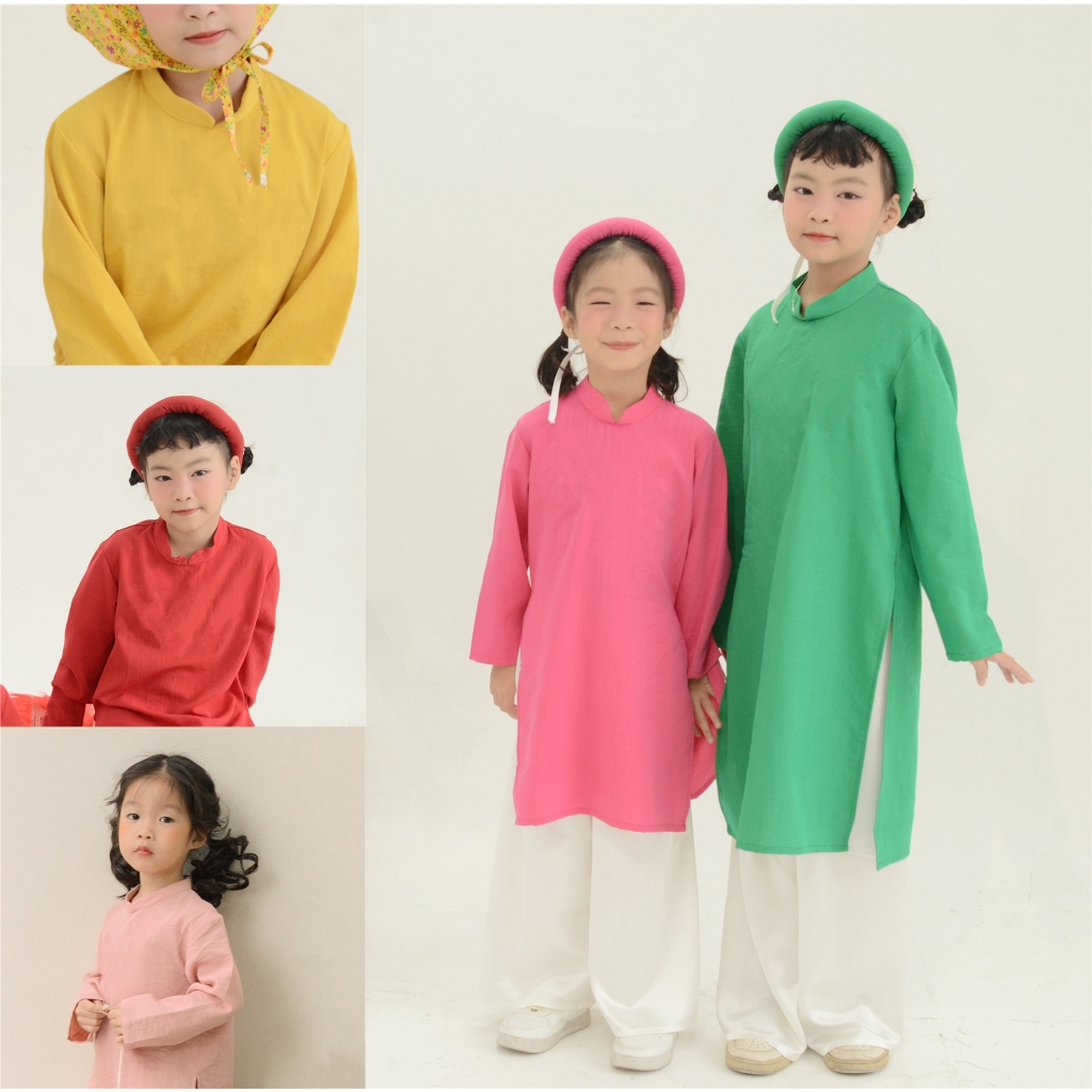Set áo dài BÉ GÁI basic đũi trơn quần lụa suông trắng kèm mấn