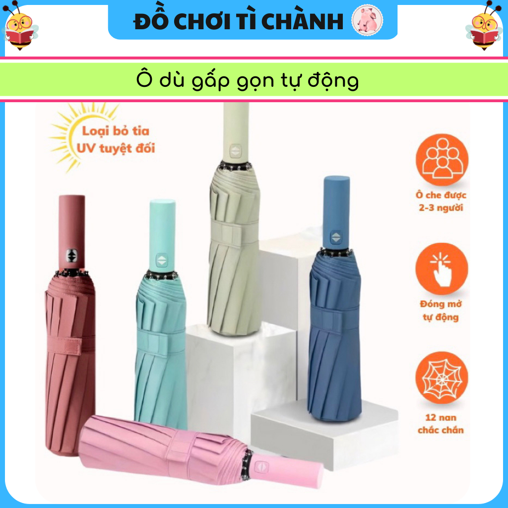 Ô dù che mưa, che nắng gấp gọn tự động chống tia UV, chồng thấm 2 chiều cỡ lớn 24 nan 12 nan kép